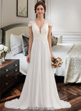 Linda A-Line V-neck Sweep Train Chiffon Wedding Dress With Ruffle BF2P0013761