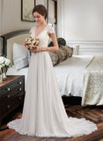 Linda A-Line V-neck Sweep Train Chiffon Wedding Dress With Ruffle BF2P0013761