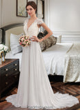 Linda A-Line V-neck Sweep Train Chiffon Wedding Dress With Ruffle BF2P0013761