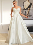 Marian Ball-Gown/Princess V-neck Sweep Train Satin Lace Wedding Dress With Lace Beading Sequins Pockets BF2P0013771