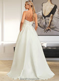 Marian Ball-Gown/Princess V-neck Sweep Train Satin Lace Wedding Dress With Lace Beading Sequins Pockets BF2P0013771