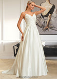 Marian Ball-Gown/Princess V-neck Sweep Train Satin Lace Wedding Dress With Lace Beading Sequins Pockets BF2P0013771