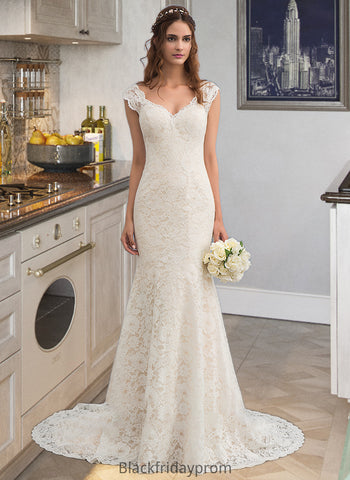 Frances Trumpet/Mermaid V-neck Court Train Lace Wedding Dress BF2P0013804