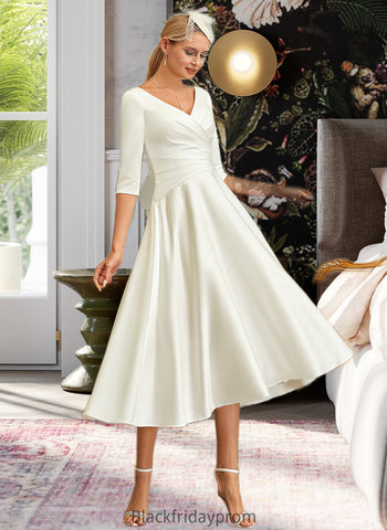 Laurel A-Line V-neck Tea-Length Satin Wedding Dress BF2P0013817