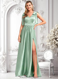 Kamora A-line V-Neck Floor-Length Stretch Satin Bridesmaid Dress With Bow BF2P0025737