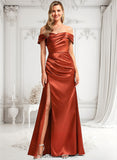 Precious A-line Off the Shoulder Floor-Length Stretch Satin Bridesmaid Dress BF2P0025757