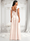 Ivy A-line V-Neck Floor-Length Stretch Satin Bridesmaid Dress With Bow BF2P0025759