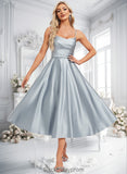 Laylah A-line V-Neck Tea-Length Satin Bridesmaid Dress BF2P0025794