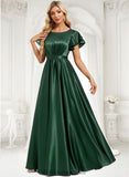 Destiney A-line Scoop Floor-Length Stretch Satin Bridesmaid Dress With Ruffle BF2P0025770