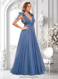 Makenna A-line V-Neck Sweep Train Tulle Prom Dresses With Bow BF2P0025854