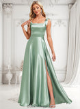 Carlie A-line Square Floor-Length Stretch Satin Bridesmaid Dress With Bow BF2P0025788