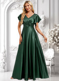 Angela A-line V-Neck Floor-Length Stretch Satin Bridesmaid Dress With Ruffle BF2P0025773