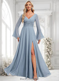 Makenna A-line V-Neck Floor-Length Chiffon Bridesmaid Dress BF2P0025798