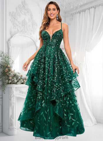 Shayna Ball-Gown/Princess V-Neck Floor-Length Lace Floral Prom Dresses With Sequins BF2P0025838