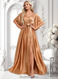 Camille A-line V-Neck Floor-Length Stretch Satin Bridesmaid Dress BF2P0025793