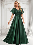 Makena A-line V-Neck Floor-Length Stretch Satin Bridesmaid Dress BF2P0025782