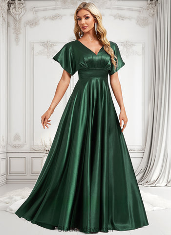 Makena A-line V-Neck Floor-Length Stretch Satin Bridesmaid Dress BF2P0025782