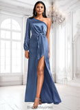 Avah A-line One Shoulder Floor-Length Stretch Satin Bridesmaid Dress With Bow BF2P0025730