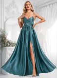 Jayda A-line V-Neck Floor-Length Stretch Satin Bridesmaid Dress BF2P0025786