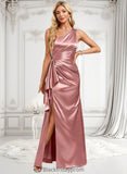 Brenda A-line One Shoulder Floor-Length Stretch Satin Bridesmaid Dress With Ruffle BF2P0025768