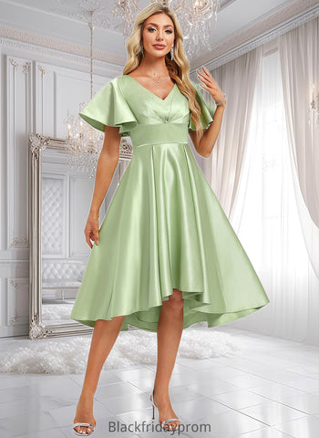 Andrea A-line V-Neck Asymmetrical Satin Bridesmaid Dress With Ruffle BF2P0025776