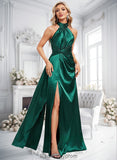 Blanche A-line Halter Floor-Length Stretch Satin Bridesmaid Dress With Ruffle BF2P0025817