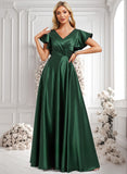 Evie A-line V-Neck Floor-Length Satin Bridesmaid Dress With Ruffle BF2P0025777