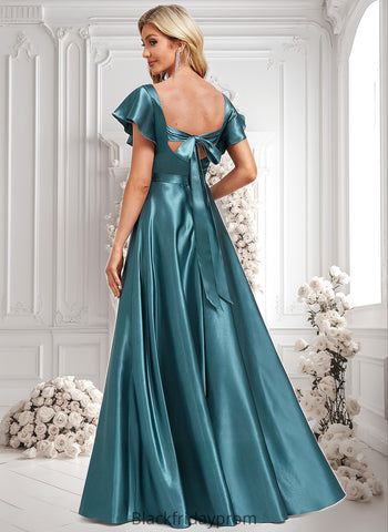 Keyla A-line V-Neck Floor-Length Stretch Satin Bridesmaid Dress With Ruffle BF2P0025780