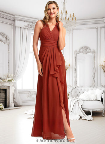 Angie A-line V-Neck Floor-Length Chiffon Bridesmaid Dress With Ruffle BF2P0025754