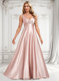 Yareli A-line V-Neck Floor-Length Stretch Satin Bridesmaid Dress BF2P0025779