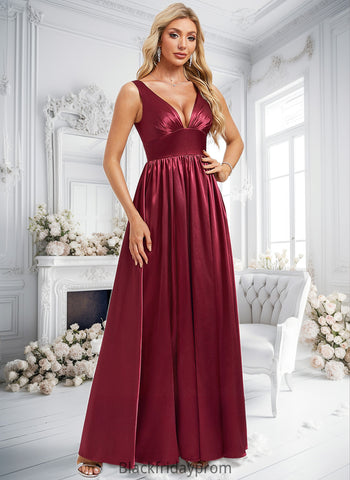 Zara A-line V-Neck Floor-Length Stretch Satin Bridesmaid Dress BF2P0025771