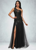 Stephany Trumpet/Mermaid One Shoulder Illusion Floor-Length Lace Tulle Prom Dresses With Sequins BF2P0022217