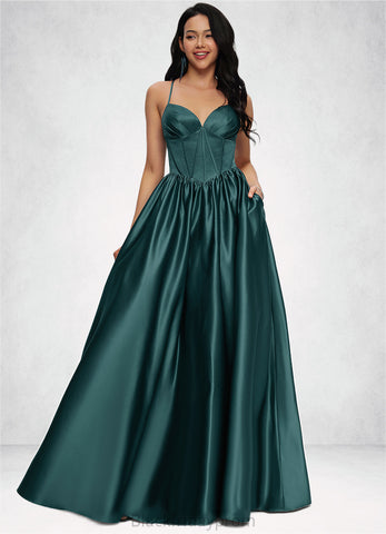 Urania Ball-Gown/Princess V-Neck Floor-Length Satin Prom Dresses With Pleated BF2P0022230