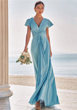 Sheath/Column V Neck Short Sleeve Floor-Length Stretch Satin Bridesmaid Dresses with Pleated Sariah BF2P0025225