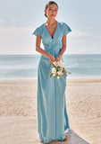 Sheath/Column V Neck Short Sleeve Floor-Length Stretch Satin Bridesmaid Dresses with Pleated Sariah BF2P0025225