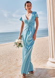 Sheath/Column V Neck Short Sleeve Floor-Length Stretch Satin Bridesmaid Dresses with Pleated Sariah BF2P0025225