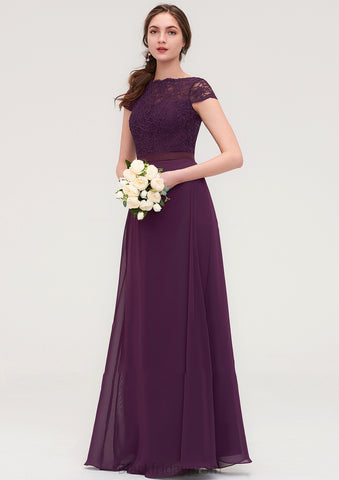 Short Sleeve Bateau Long/Floor-Length  Chiffon A-line/Princess Bridesmaid Dresses With Sashes Lace Jamie BF2P0025428