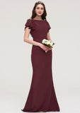 Short Sleeve Bateau Long/Floor-Length Sheath/Column Chiffon Bridesmaid Dresses With Crystal Detailing Sashes Renata BF2P0025440