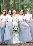 Short Sleeve Scoop Neck Long/Floor-Length A-line/Princess Tulle Bridesmaid Dresseses With Lace Meghan BF2P0025563