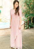 Scoop Neck Short Sleeve Ankle-Length A-line/Princess Chiffon Bridesmaid Dresses With Lace Pleated Reese BF2P0025580