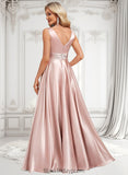 Yareli A-line V-Neck Floor-Length Stretch Satin Bridesmaid Dress BF2P0025779