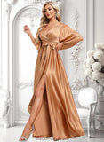 Camille A-line V-Neck Floor-Length Stretch Satin Bridesmaid Dress BF2P0025793