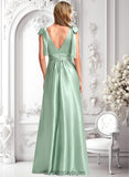 Kamora A-line V-Neck Floor-Length Stretch Satin Bridesmaid Dress With Bow BF2P0025737