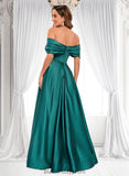 Sheila A-line Off the Shoulder Floor-Length Satin Prom Dresses With Pleated BF2P0025851