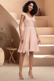 Cassie A-line V-Neck Knee-Length Chiffon Lace Homecoming Dress With Beading BF2P0020565