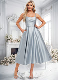 Laylah A-line V-Neck Tea-Length Satin Bridesmaid Dress BF2P0025794