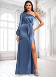 Avah A-line One Shoulder Floor-Length Stretch Satin Bridesmaid Dress With Bow BF2P0025730