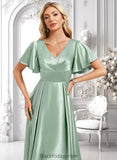 Kaylynn A-line V-Neck Asymmetrical Stretch Satin Bridesmaid Dress With Ruffle BF2P0025772