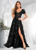 Joanne A-line V-Neck Sweep Train Floral Lace Prom Dresses With Sequins BF2P0025869