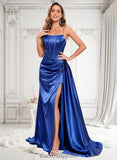 Helen Trumpet/Mermaid Straight Sweep Train Stretch Satin Prom Dresses With Rhinestone BF2P0025861